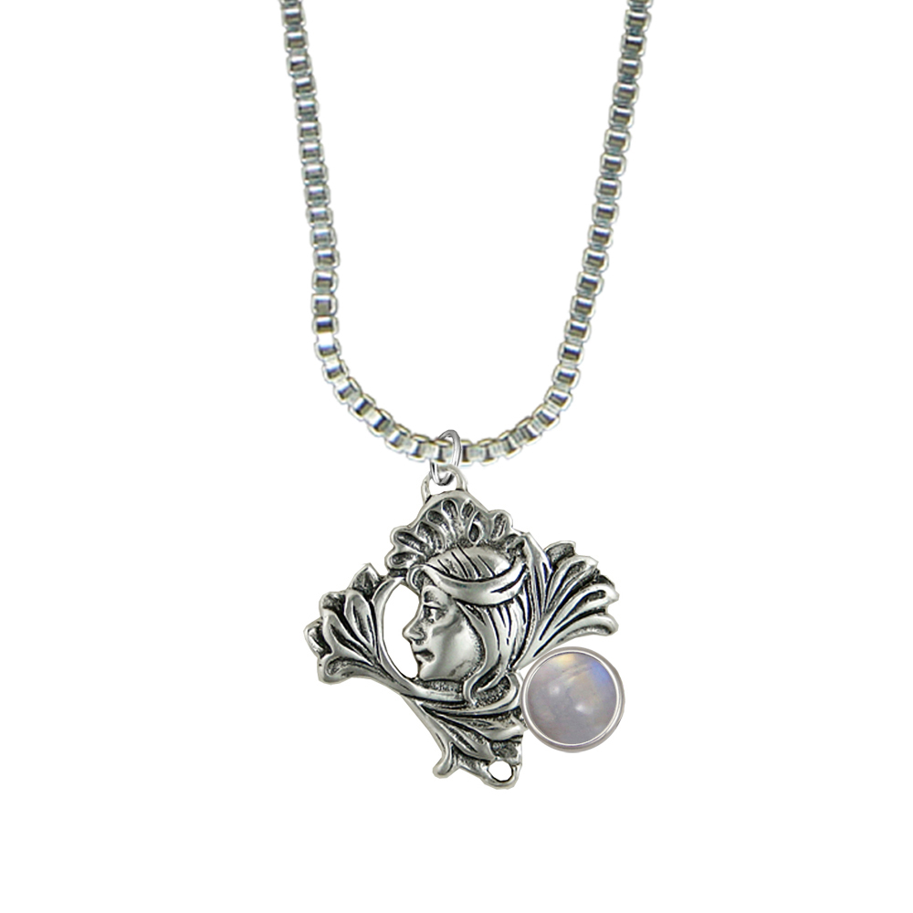 Sterling Silver Woman Maiden of the Lotus Flower Pendant Necklace With Rainbow Moonstone